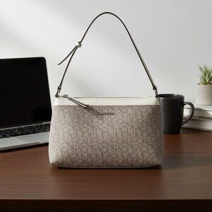 Calvin Klein Womens Beige Monogram Shoulder Bag With Adjustable Strap & Zip Clos